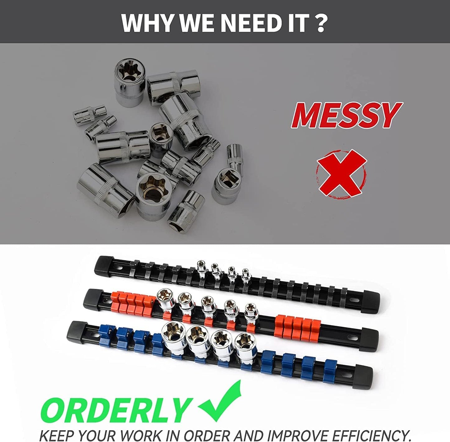 Socket Organizer Drive ABS Tools - Black Socket Holder, Premium Quality 30 Pieces Socket Holders Kit 1/4-Inch x 160 Clips, 3/8-Inch x 150 Clips, 1/2-Inch x 120 Clips（30PC,Black)