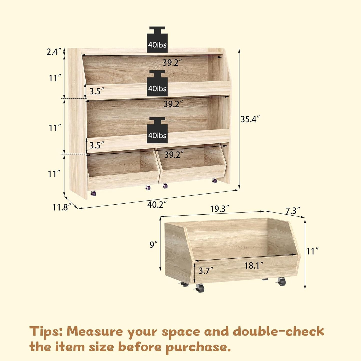 COZPAW Toy Storage Organizer, 3 Tier Montessori Shelf with Movable Bins, Toy Organizers Book Shelf for Kids Room, Playroom, Nursery (Wood)