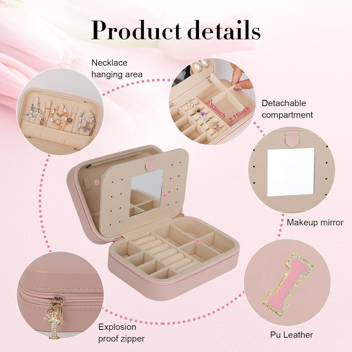 TopPerfekt Travel Jewelry Case Travel Jewelry Box With Mirror, Jewelry Organizer Bridal Shower Gifts To Her, Earring Travel Case, Trendy Gift for Women and Girls (I, Pink)