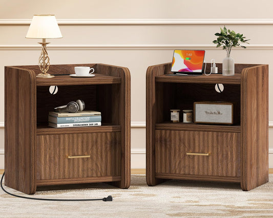 Night Stand with Charger Station, Fluted Nightstands Set of 2 with Drawer, Modern Bedside Table Set of 2, Wide Nightstands for Bedroom, Mid Century Wooden Night Stands for Home Sofa Couch