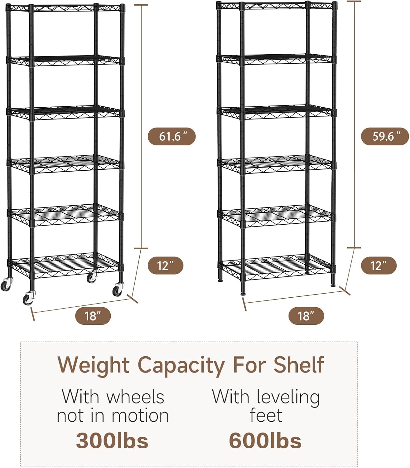 Small 6 Tier Shelves Storage Wire Shelving Unit Metal Shelf Adjustable Organizers Storage Shelving with Wheels for Bathroom Laundry Room Kitchen Pantry12”D x 18”W x 61.6”H Black
