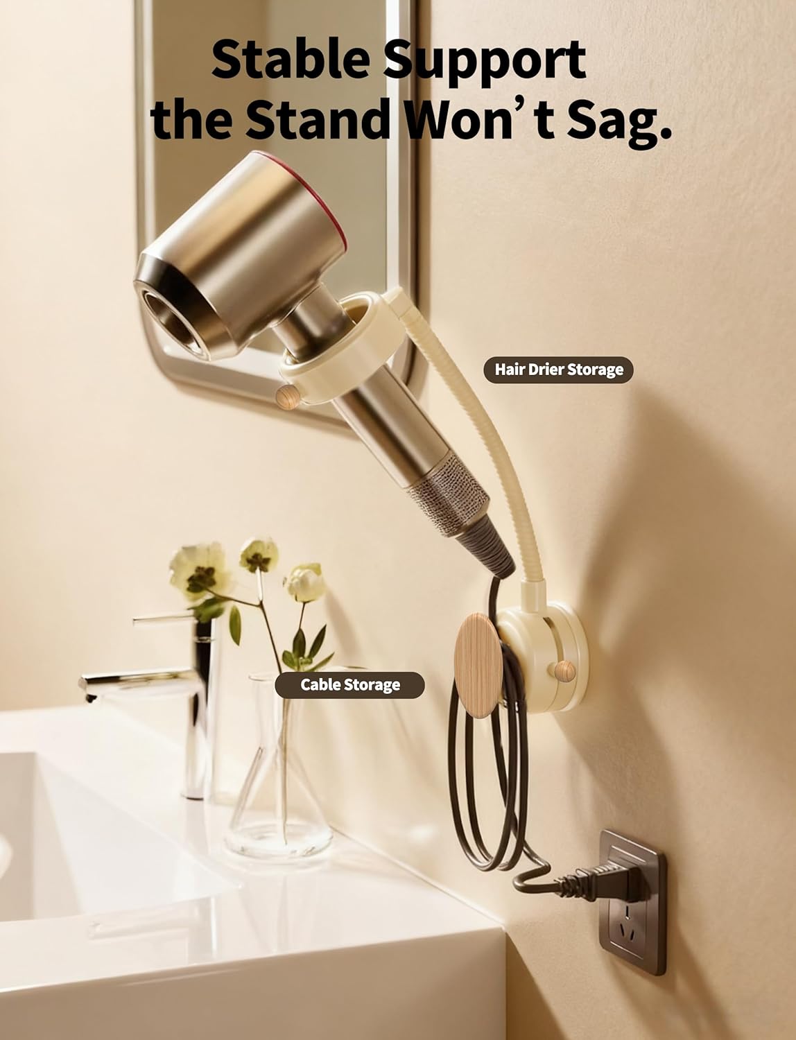 Hair Dryer Holder Wall Mounted with Suction Cup, No Drill Installation for Damage-Free Walls, 360° Adjustable Hands Free Blow Dryer Holder Fits Most Hair Dryers for Bathroom Organization 1Pack(White)