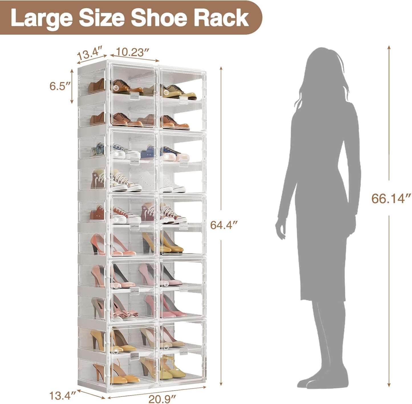 BROVIEW Foldable Shoe Rack, Large Stackable Sneaker Organizer Storage Box with Magnetic Clear Door, Plastic Folding Shoes Cabinet Bins, Shoe Shelf Space Saving for Closet, Entryway 10 Tier 20 Grids