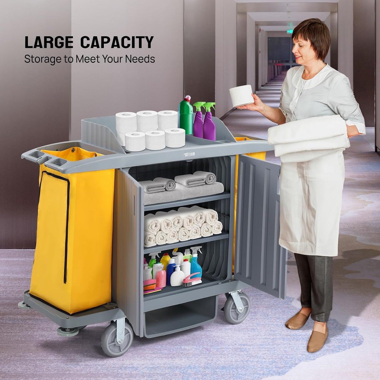 266LBS Premium Hotel & Housekeeping Cart with Door on Wheels, Multifunctional Commercial Cleaning Cart with Large Capacity Vingyl Bags, Comfor Grip Handles and Easy Move Casters, Gray