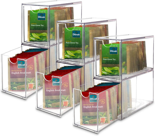 Ettrick 6 Pack Stackable Tea Bag Organizer, Clear Acrylic Tea Bag Drawer for Drawer, Pantry, Kitchen, Cabinet, Countertop