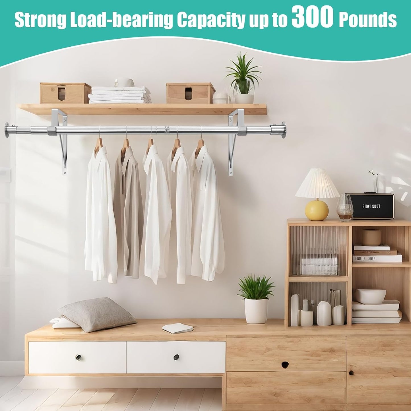 Closet Rod, 16 to 75 Inch Closet Rods Heavy Duty Adjustable Clothes Rods for Hanging Clothes and Heavy Duty Clothes Rod Bracket Closet Rod Support (The Shelf NOT Included) (Silver)