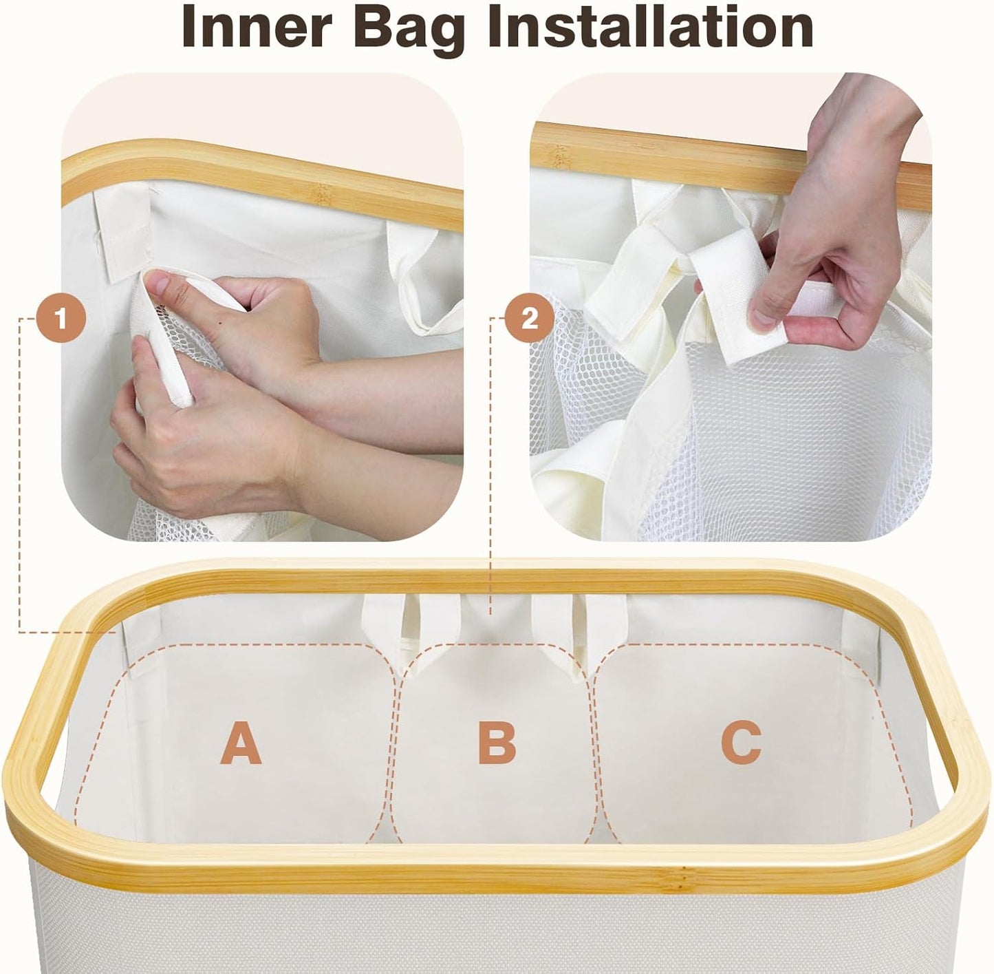 Extra Large 3 Section Dirty Clothes Laundry Basket with Lid, Dirty Clothes Hampers with Removable Bags for Bedroom and Laundry Room, Beige