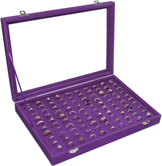 Ring Display Tray Organizer Box with Transparent Lid, 100 Slot Ring Holder Showcase For Store Display Jewelry Show Home, Ring Organizer For Jewelry Rings, Studs Earrings (Purple)