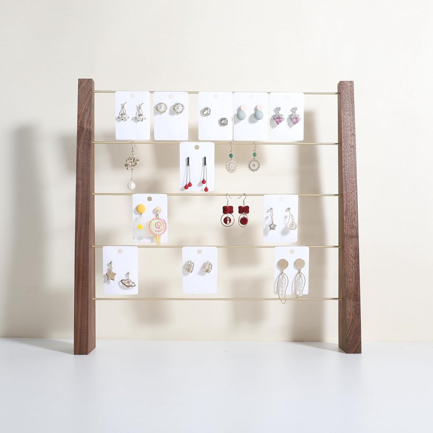 GemeShou 5 Tiers Walnut Earring display stands for selling, Wooden Jewelry Shelf, Earring Storage Organizer, Brass earring holders with 30 PVC cards for stud Dangle Hoop【Walnut 5-Tier】