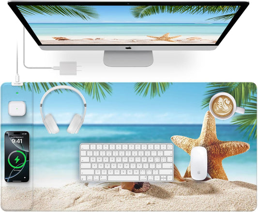 Wireless Charging Mouse Pad, 31.5"x15.8" Large Gaming Desk Mat for Keyboard/Laptop, Waterproof Ultra-Smooth Surface, Non-Slip Base, with 20W PD Adapter, Summer Beach