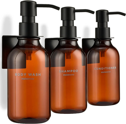 MaisoNovo Shampoo and Conditioner Dispenser - Shower Soap Dispenser Wall Mounted - 16.9 fl oz Set of 3 Amber Plastic Bottles Black Pump - 3 Chamber No Drill