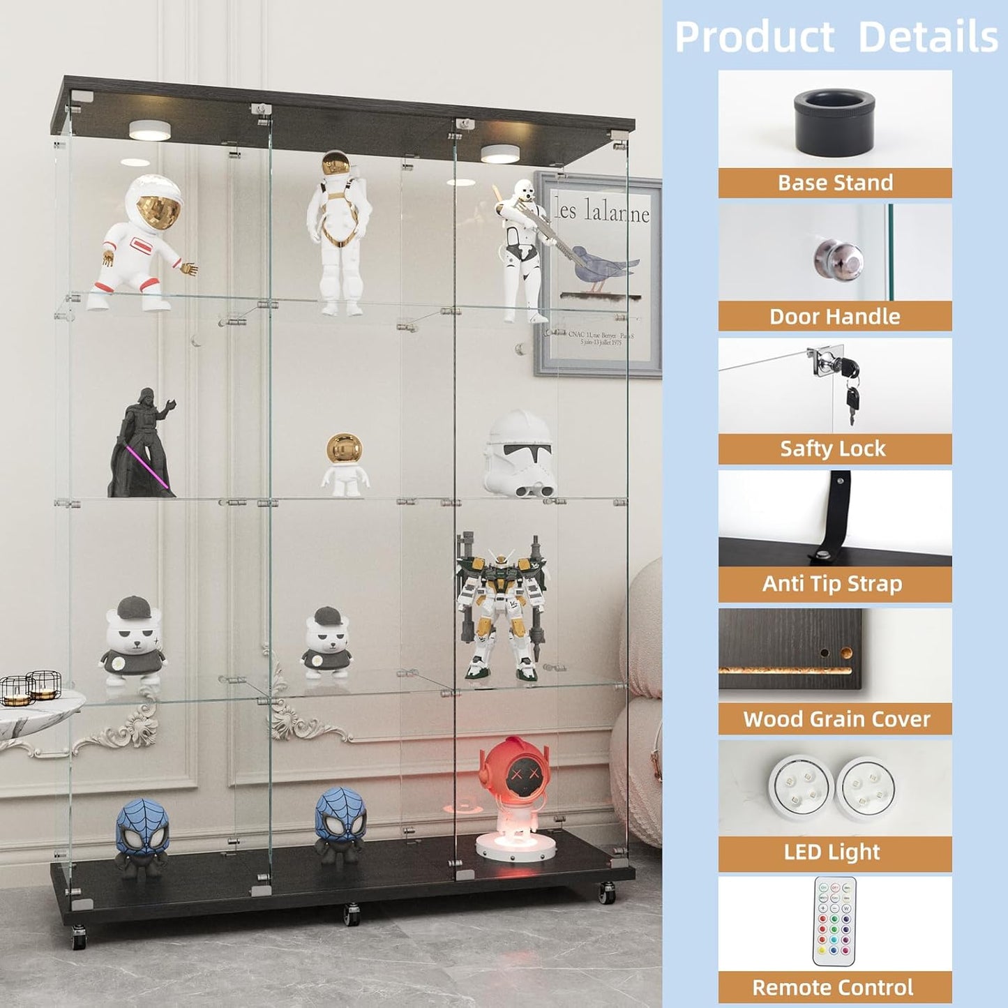 Beauty4U Glass Display Cabinet with LED Lights, Extra Large 3 Columns 2 Doors Curio Cabinets with 12 Shelves for Living Room, Bedroom, Office, Black Floor Standing DIY Glass Bookshelf