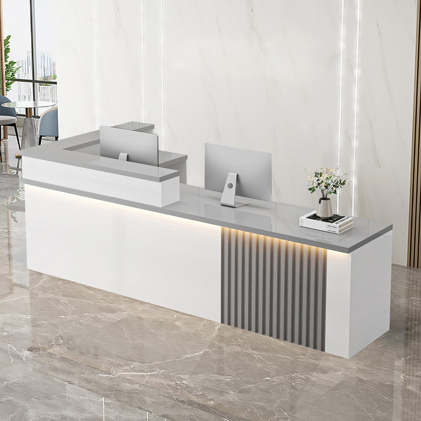 Receptionist Desk with LED Light，Wooden Salon Checkout Counter with Storage Drawer & Keyboard Tray Modern L-Shaped Reception Desk for Barbershop Office Company Store