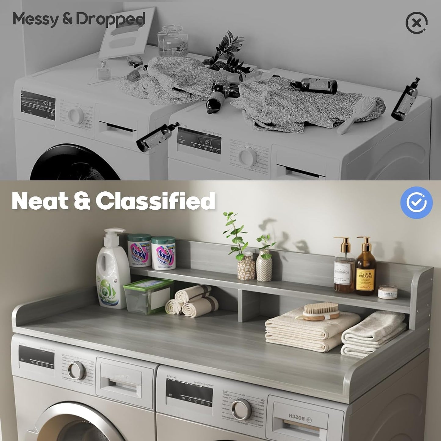 2-Tier Washer And Dryer Countertop With 2.75"H Guard,54"W x 27.5"D Laundry Countertop Cover With Non-Slip Pad,Large Space Laundry Topper For Folding Clothes Over Washer And Dryer-Stripe Gray
