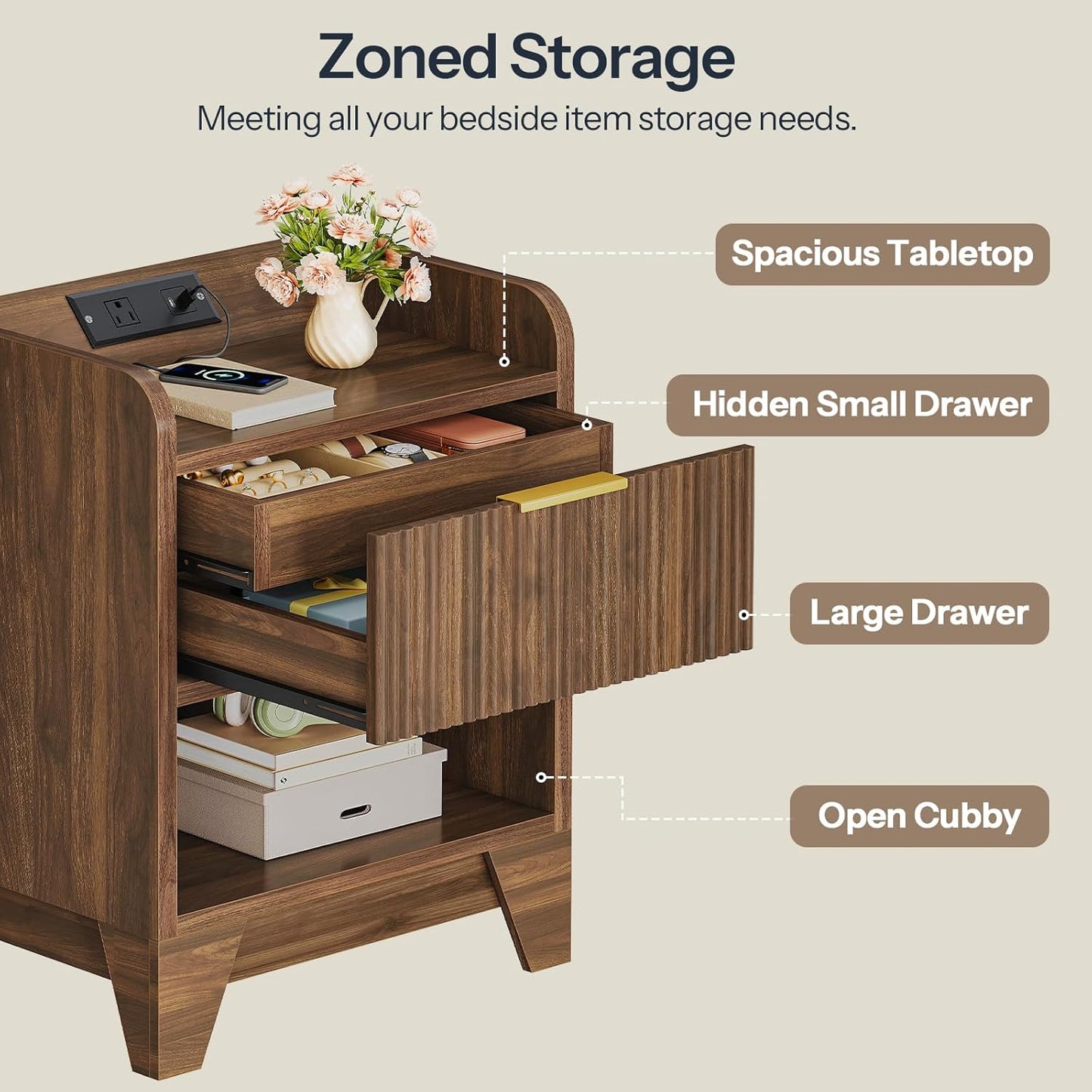 HOOBRO Fluted Nightstand with Charging Station, End Table with Hidden Drawer, Modern Bedside Table, Wooden Night Stand for Bedroom, Study, Dark Walnut WL351UBZ01