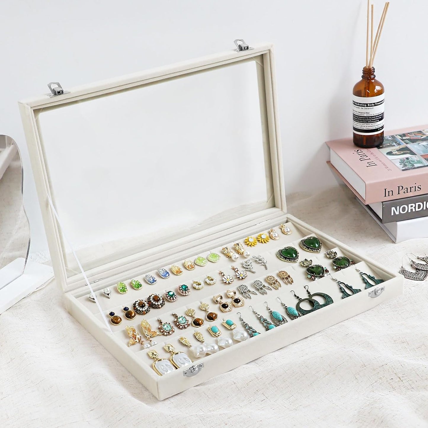 Wudygirl Jewelry Organizer Velvet Earring Organizer with Clear Lid 32 Pairs Earring Holder Jewelry Tray Display Case (Beige 64 Slot)