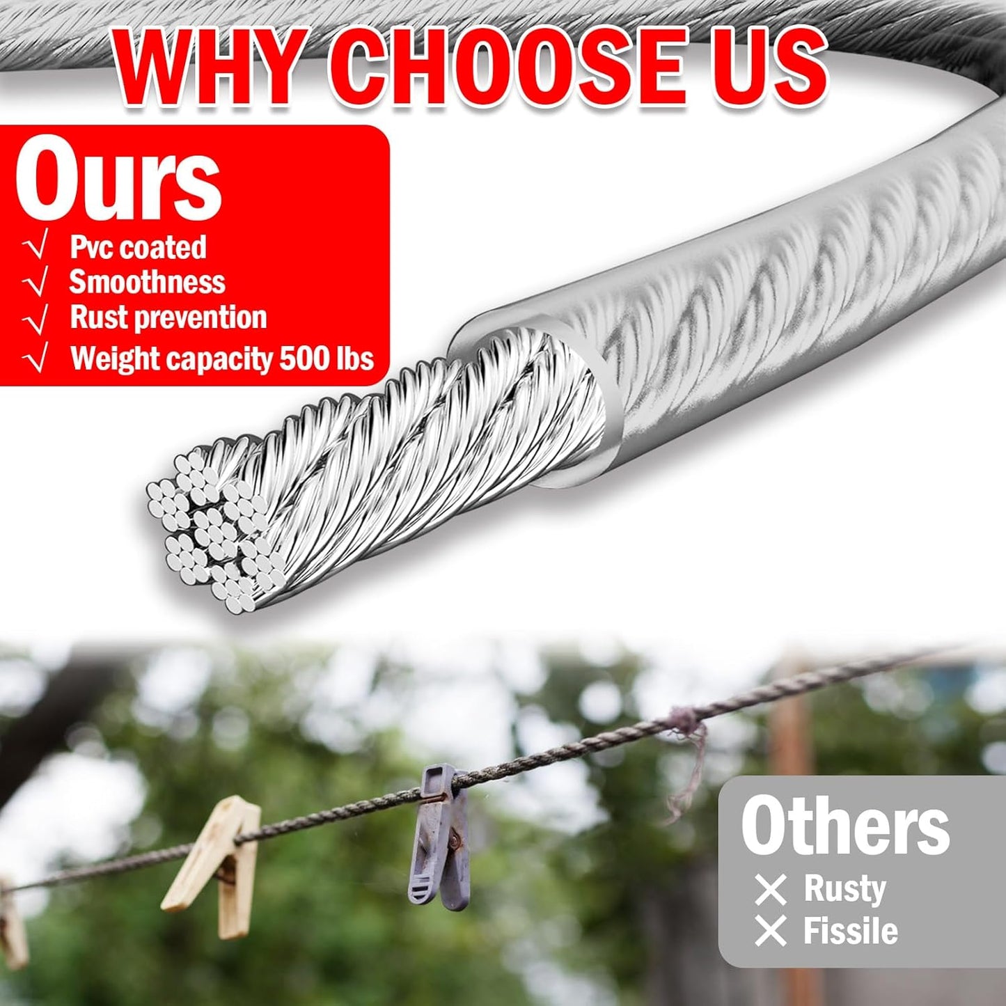 40ft Clothes Line Outdoors 3/16" Wire Ropes Silver PVC Coating Laundry Drying Clothesline with Metal Hooks and Snap Heavy Duty for Umbrella Travel Outside Camping Backyard