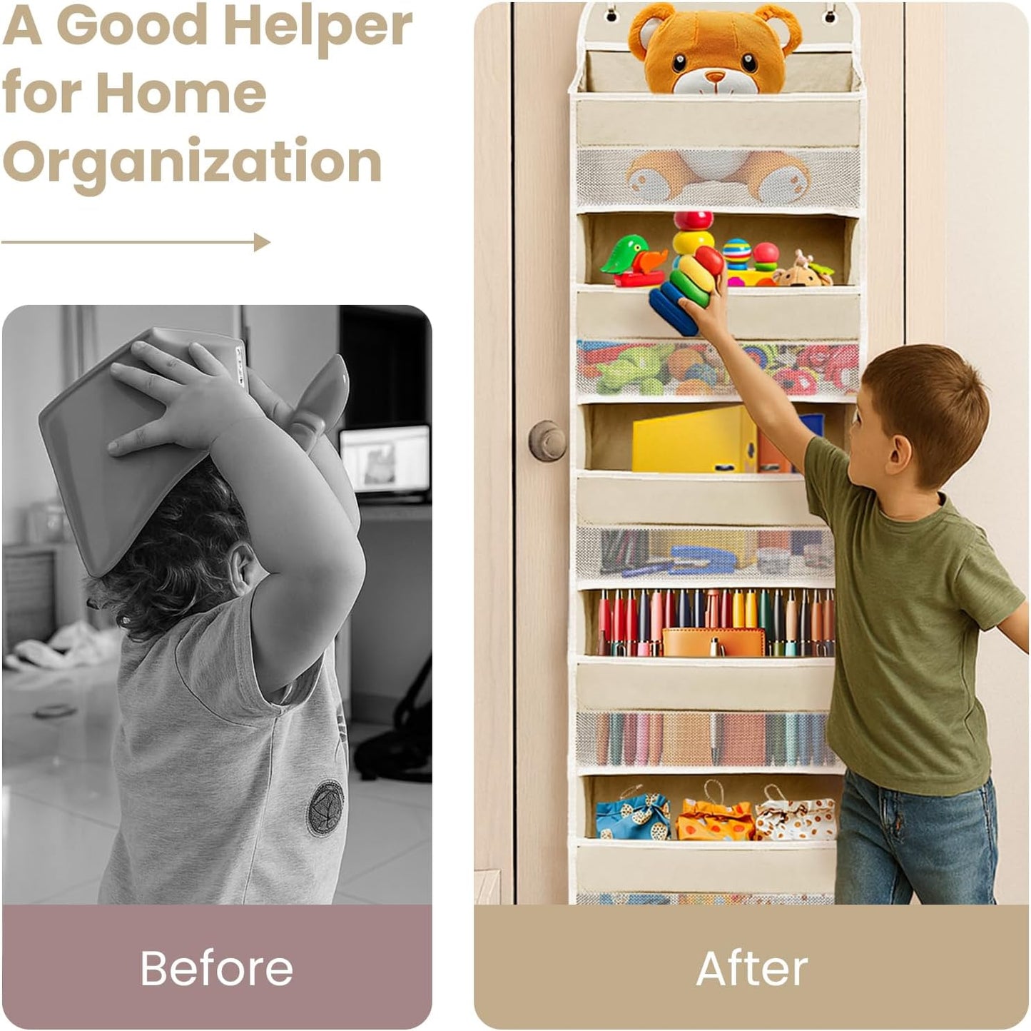 Over The Door Organizer with 8 Side Mesh Pockets, 44lb Weight Capacity Hanging Behind The Door Bathroom Organizers and Storage Suitable for Storing Toys, Shoes, Towels, Lvoy White, 5 Shelf