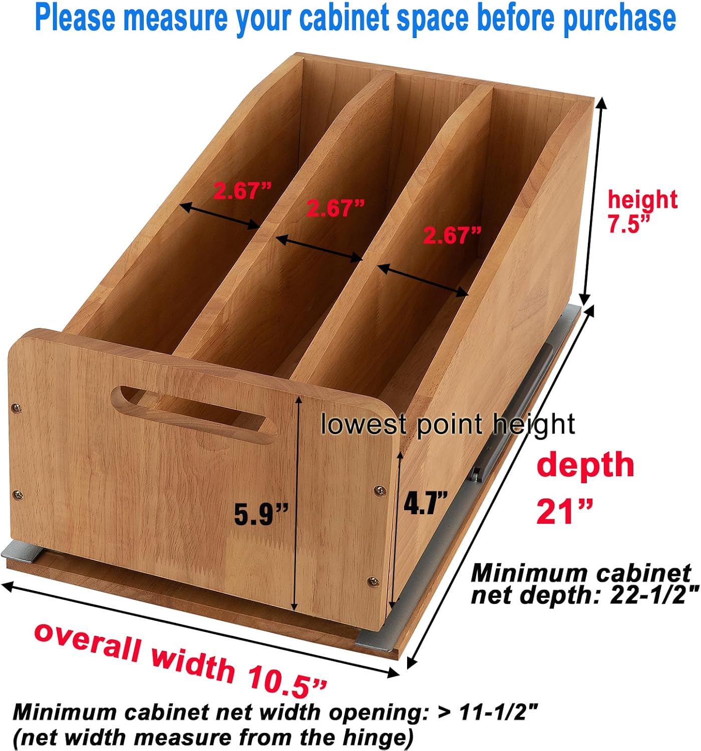 DINDON Pull Out Cabinet Organizer for Pans, Cookie Sheet, Bakeware, Cutting Board, Slide Out Kitchen Cabinet Storage Organizer Rack, 10.5''W X 21"D X 7.5"H, Wood