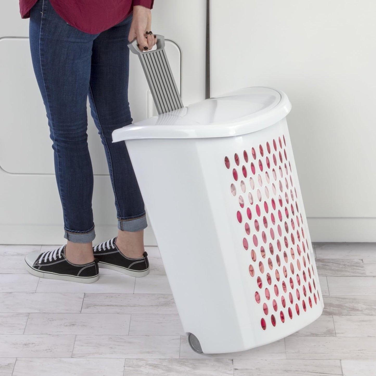 White Rolling Laundry Hamper with Wheels, 2-Bushel Large Capacity Ventilated Plastic Hamper with Lid & Retractable Handle, Portable Laundry Basket for Dorms, Apartments and Bedrooms