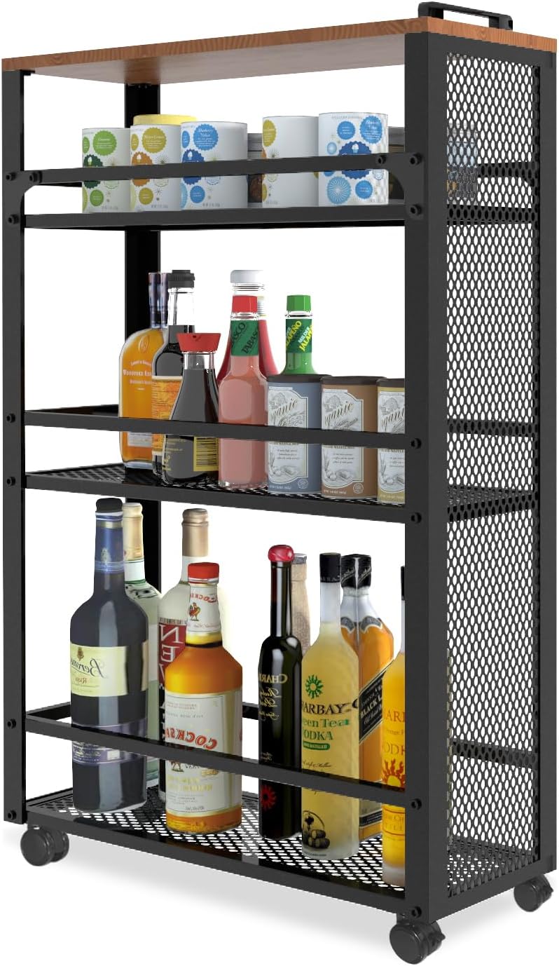 2025 New, Slim Kitchen Storage Cart, 3-Tier Metal Rolling Utility Cart Mesh Basket, Multifunction Wire Basket Shelf Trolley for Home Laundry, Bathroom, Living Room, Black