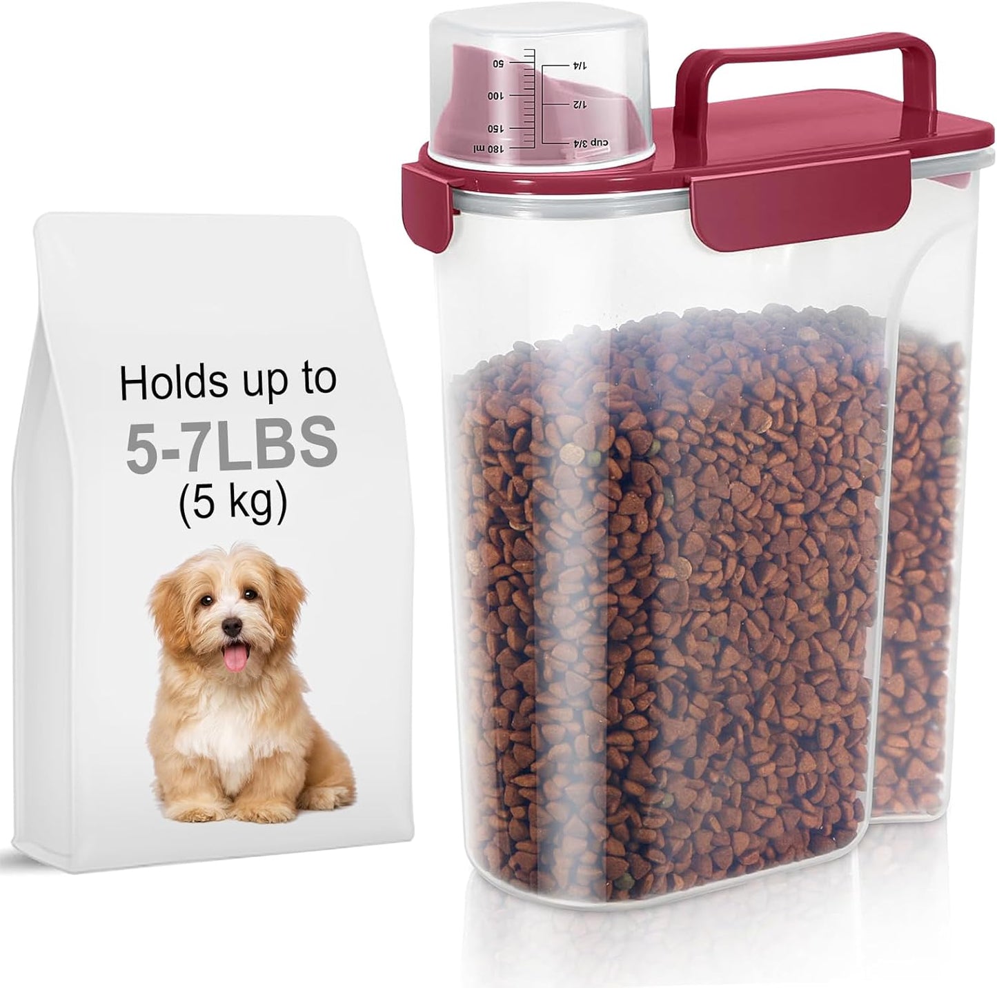 5-7Lbs Dog Cat Food Storage Container with Upgraded Large Nozzle BPA-free, 4 Snap Seals Plastic Pet Food Storage Containers with Handles (Elegant Red, 5L-1pack)