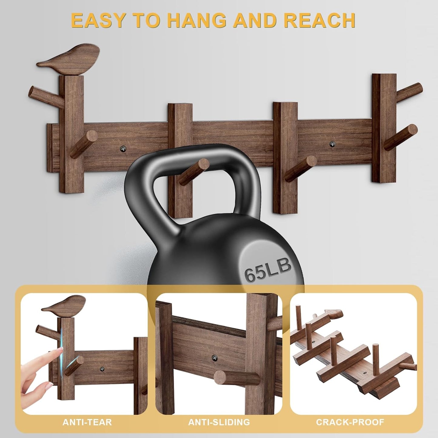 Coat Rack Wall Mount，Solid Acacia Wall Mounted Coat Rack with 4+2 Heavy Duty Wall Hooks for Hanging Coats，Backpacks，Towels，etc. Coat Hooks Wall Mount for Entryway, Bathroom,etc