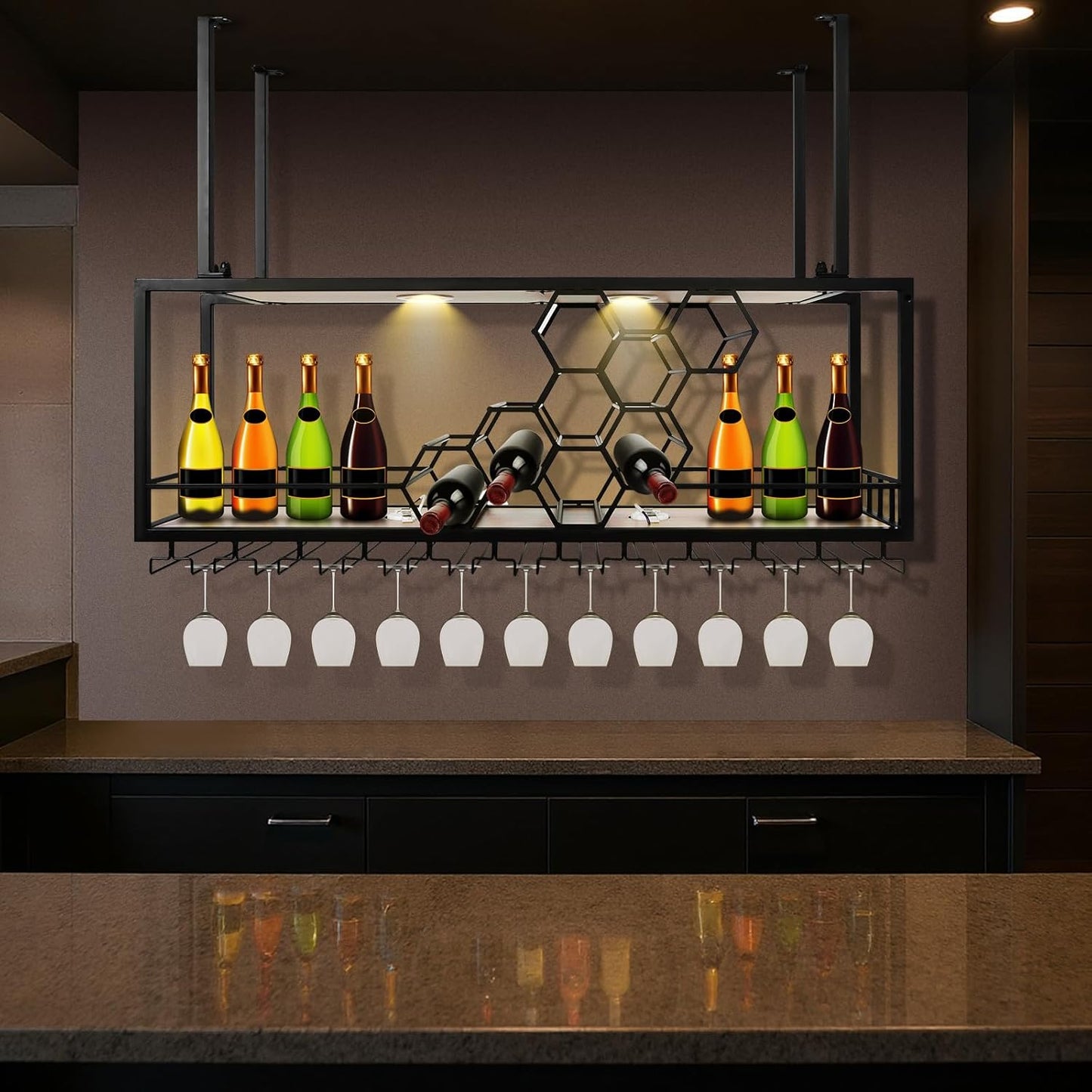 Metal Hanging Wine Rack Hanging Organizer Ceiling Bar Wine Glass Rack with Glass Holder and Shelf Multi Functionl Wine Bottle Holder Organizer, for Bar Cafe Kitchen