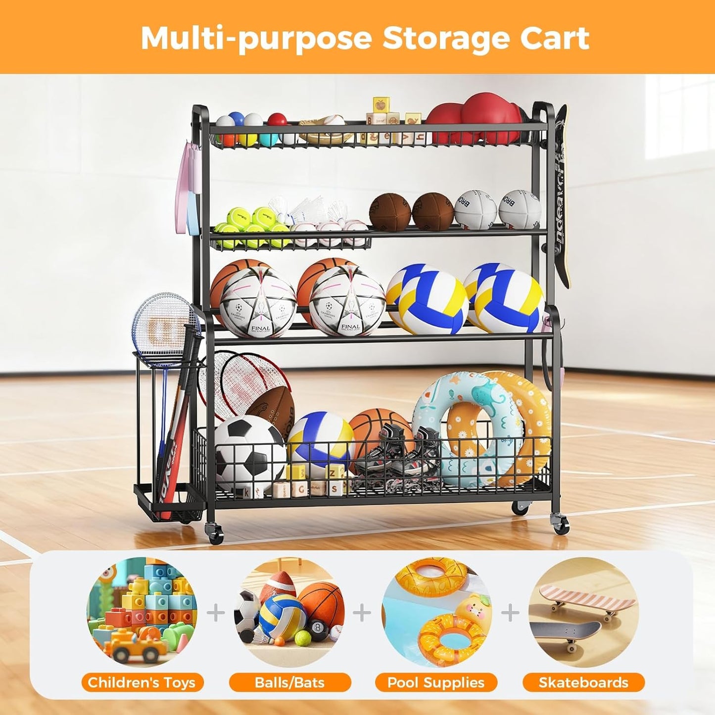 VOPEAK Oversized Sports Equipment Organizer, 4 Layers Rolling Ball Storage Rack for Garage Storage with Wheels Removable Hooks and Baskets Large Capacity Black Ball Holder for Toy Sports Gear Storage