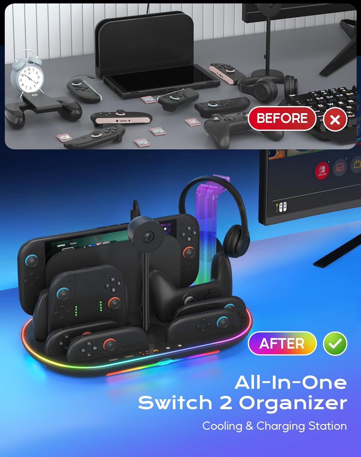 Uxilep Switch 2 Charging Dock,Multifunctional Organizer Station for Nintendo Switch 2 Accessories with Console Cooling Fan,4 Joycon 2 & Pro Controller Charger,Switch 2 Camera Storage,Headset Holder and 7 Card Slots (Black)