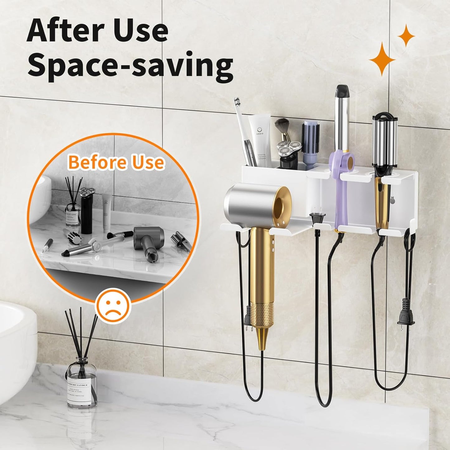 Hair Dryer Holder, Hair Tool Organizer, Blow Dryer Hanger Wall Mount for Dryer Hook, Bathroom Space-Saving Blow Dryer Organizer, Curling Irons Storage Wall Mounted White