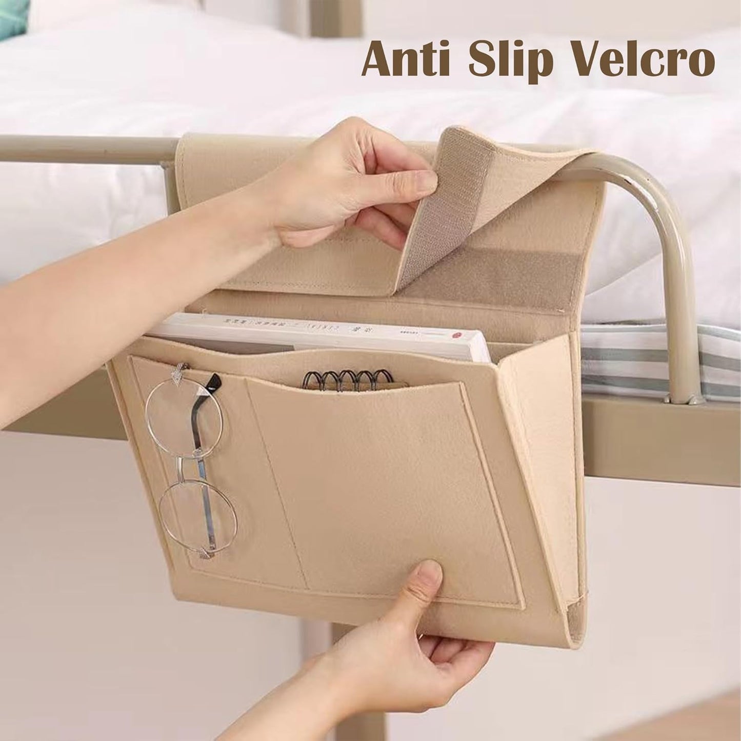 Bedside Caddy, 5 Pockets Felt Bedside Storage Organizer, Hanging Storage Organizer for Home Bedroom Living Room College Dorm Bed Water Bottles, Magazines, Phone, Glasses (Gray)