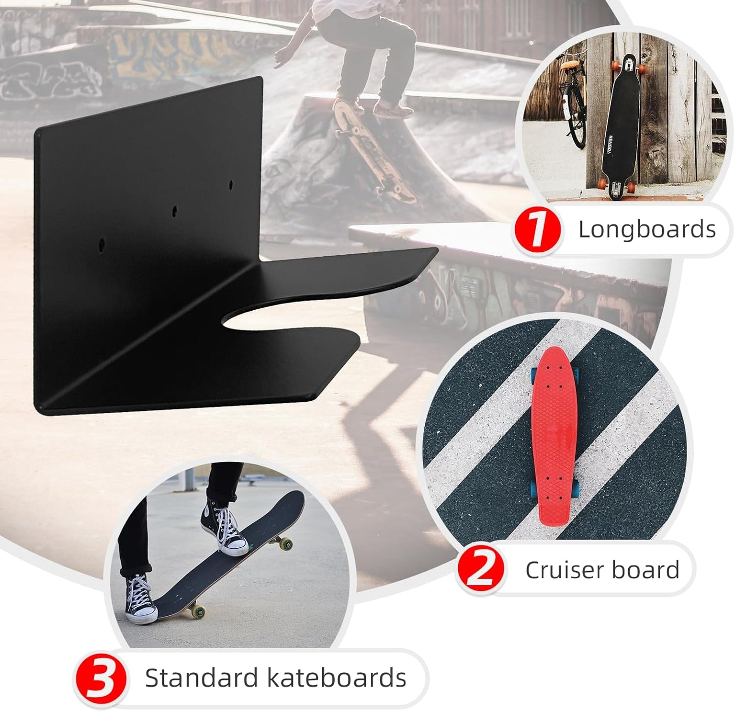 Skateboard Wall Mount Rack, Wall Hanger Holder for Longboard, Cruiser Boards, Vintage, Old School Skateboard and Penny Board Display (2 Pack)