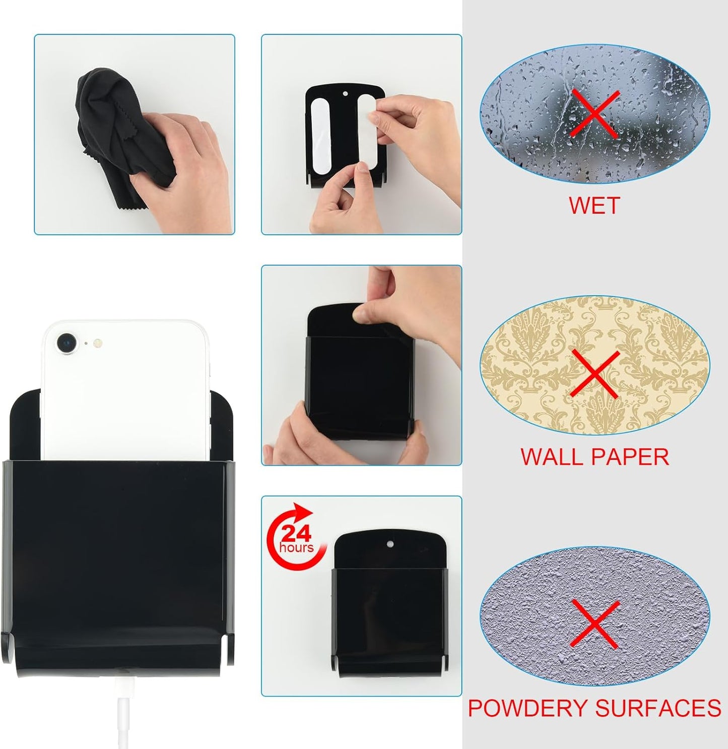 Cosmos Pack of 2 Acrylic Remote Control Holder Adhesive Wall Mount Phone Holder Wall Mount Organizer Media Storage Box Phone Charging Storage Box for Home Office Living Room Bedroom (Solid Black)