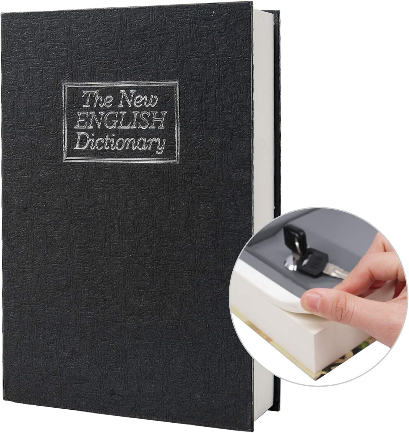 Real Paper Transfer Book Safe, Hollow with Secret Hidden Compartment, Key Lock, 8.7"×6"×2" (Black Dictionary-Key)