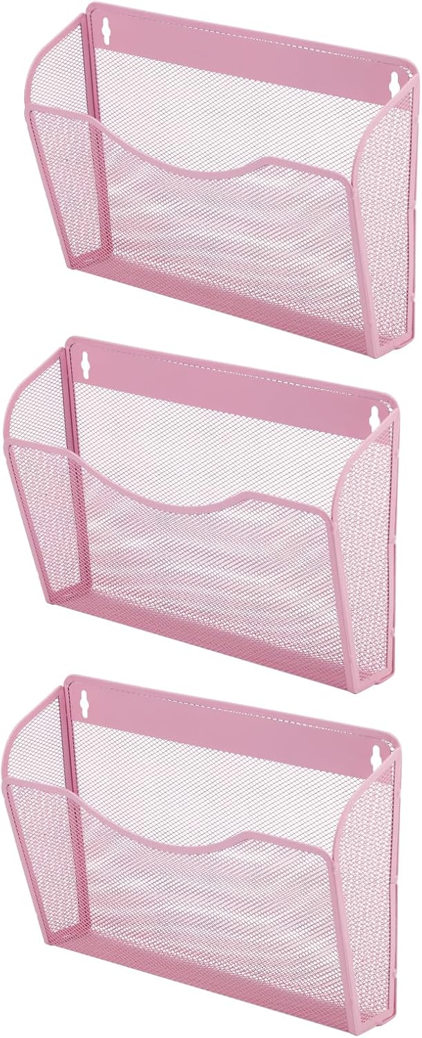 EASEPRES 3 Single Pocket Mesh Hanging File Organizer, Vertical Wall Mounted Magazine File Holder, Mount Basket Mail Paper Document Folder Organizing for Office, Home and School, Pink