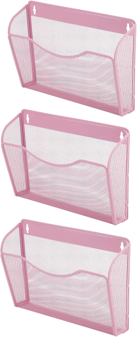 EASEPRES 3 Single Pocket Mesh Hanging File Organizer, Vertical Wall Mounted Magazine File Holder, Mount Basket Mail Paper Document Folder Organizing for Office, Home and School, Pink