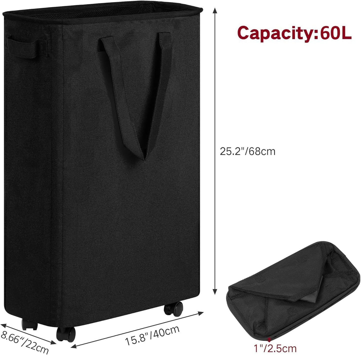 efluky Slim Laundry Hamper with Wheels, Rolling Laundry Basket for Clothes, Small Laundry Basket for Bedroom, Dorm and Laundry Room, 60L (12.7 Gallons) Black