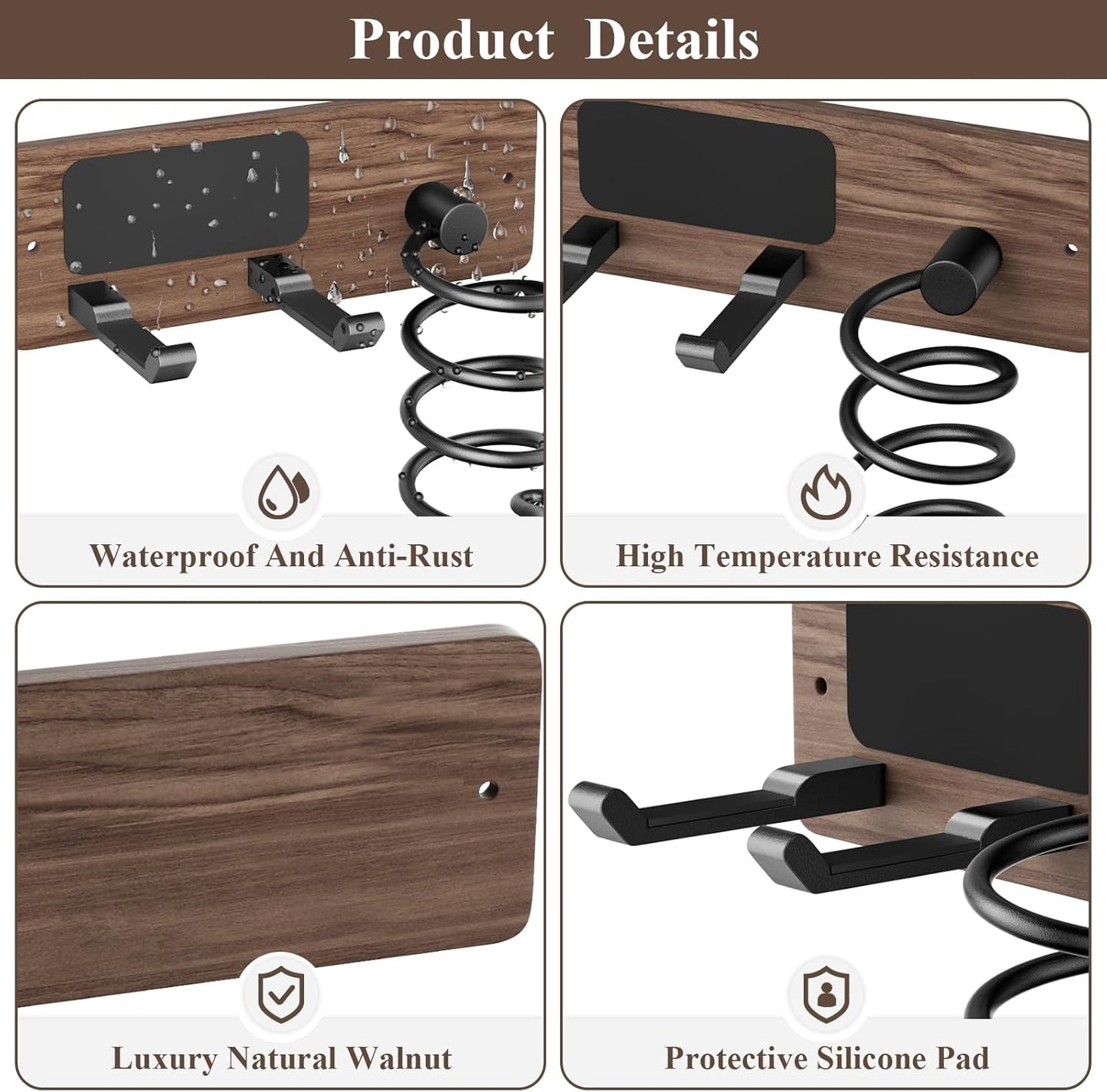Tindbea Hair Dryer Holder Curling Iron Holder, Blow Dryer Holder Wall Mount, Bathroom Hair Tool Organizer Rack for Universal Dryer, Walnut Matte Black
