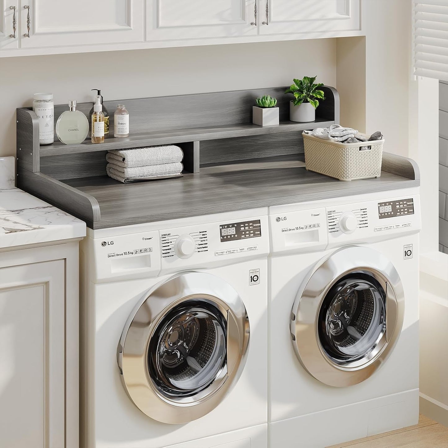 2-Tier Washer Dryer Countertop with 2.75"H Edge Rails, 54" W x 27.55" D Laundry Countertop for Folding Clothes, Washer and Dryer Topper with Non-Slip Pad (Stripe Gray)