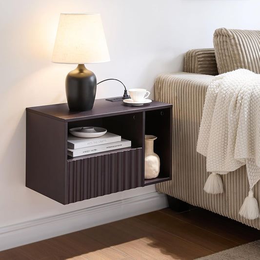 Modern Espresso Fluted Floating Nightstand with Charging Station, NightStand with Drawers, Bedside with USB Ports and Outlets, Bedroom Furniture (Right)