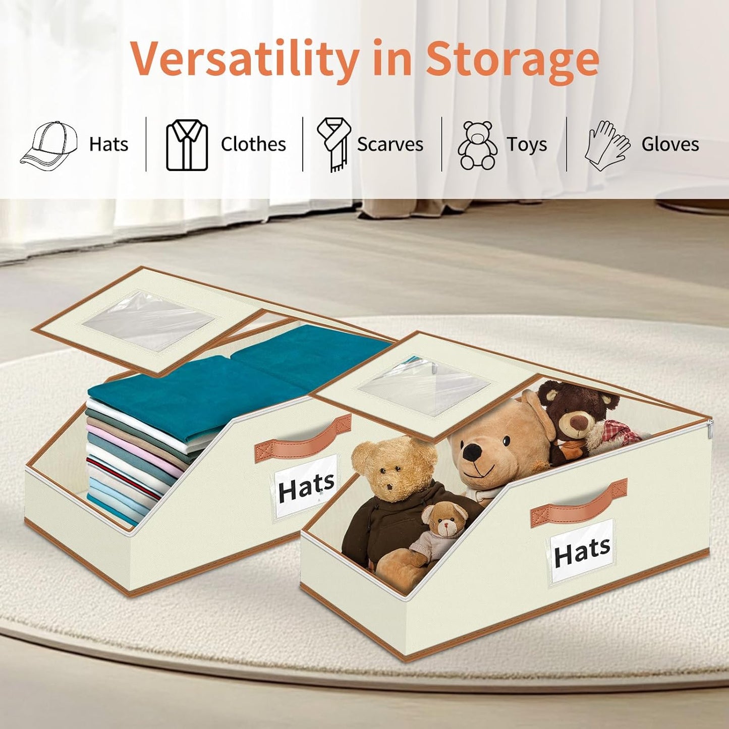 Hat Organizer for Baseball Caps - 2PCS Stackable Storage with Clear Window Lid, Flip-Top Access, Space-Saving Hat Box for Closet, Breathable Fabric (beige with brown)