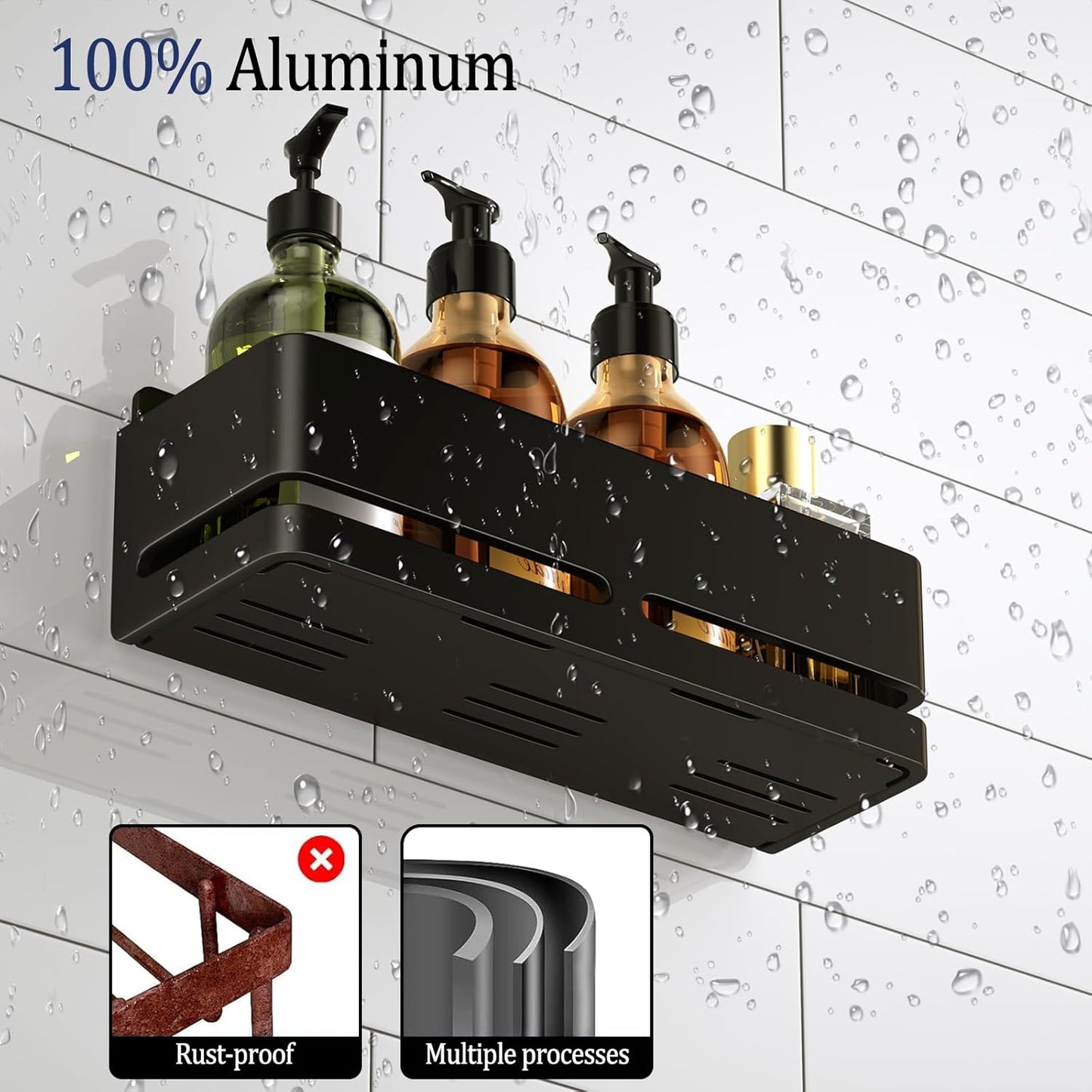 Bathroom Storage Rack (5-Piece Set), Wall-Mounted Shelf with soap Dish and Toothbrush Holder, no Drilling Required, Ideal for Bathroom Storage and Also Suitable for Kitchen (Black)