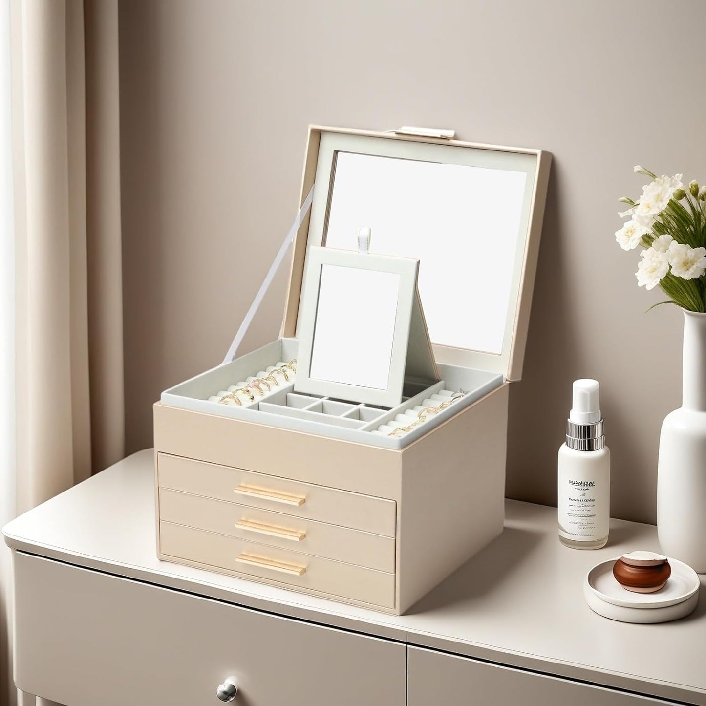 BOOVO Clear Lid Jewelry Box,4 Layers Jewelry Organizer Large Jewelry Storage Box with 3 Drawers,Jewelry Holder Organzier of Rings Earrings Necklace Bracelets for Women (Champagne, 4 Layer)