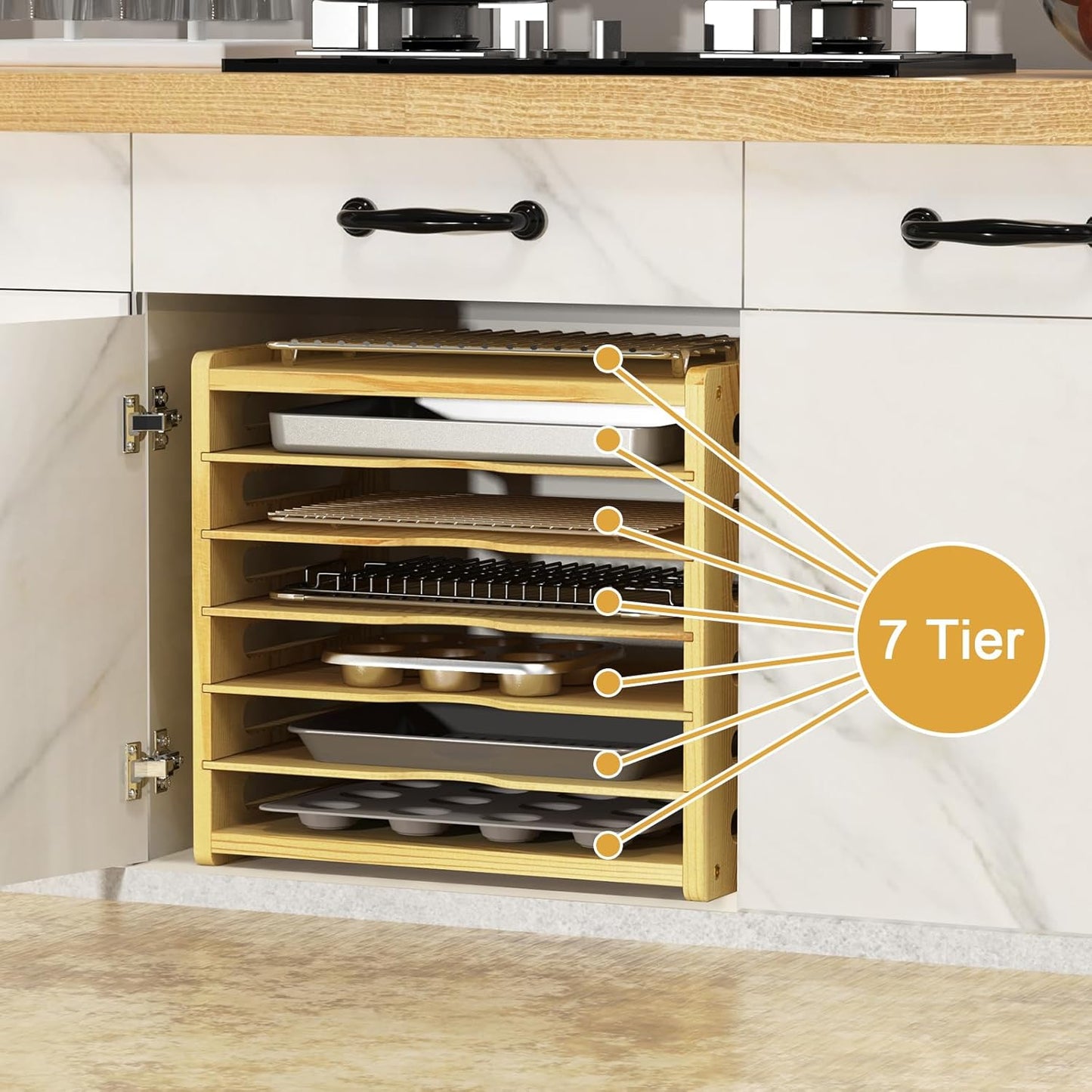 7 Tier Wooden Cabinet Tray Dividers,Kitchen Cabinet Tray Divider for Pans, Storing pans, Baking trays, Cutting Board