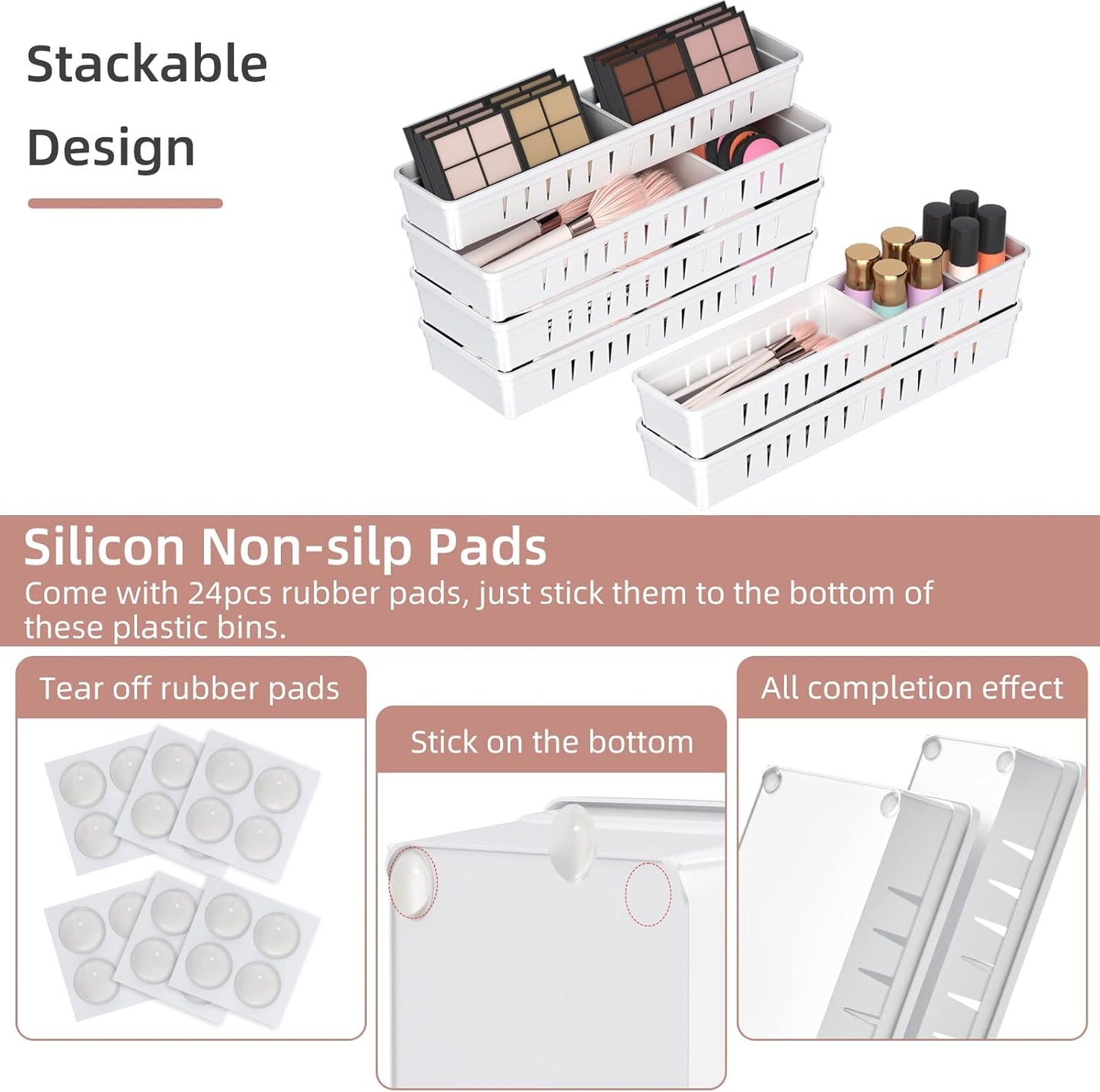 6 PCS Desk Drawer Organizer, Bathroom Drawer Organizer Trays with Dividers Adjustable, Makeup Organizer Bins for Vanity Clothes Junk Kitchen Utensil