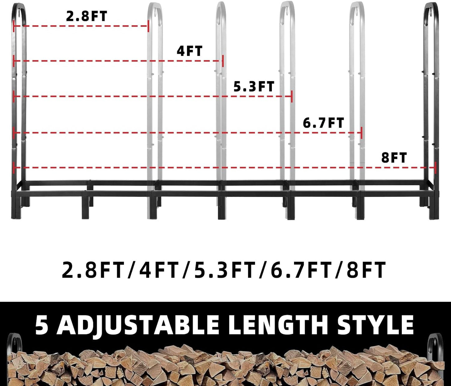 8FT Firewood Rack Outdoor, Heavy Duty Adjustable Firewood log Storage & Holder, Wood Pile Lumber Storage Rack Stacking Outside for Courtyard Patio.