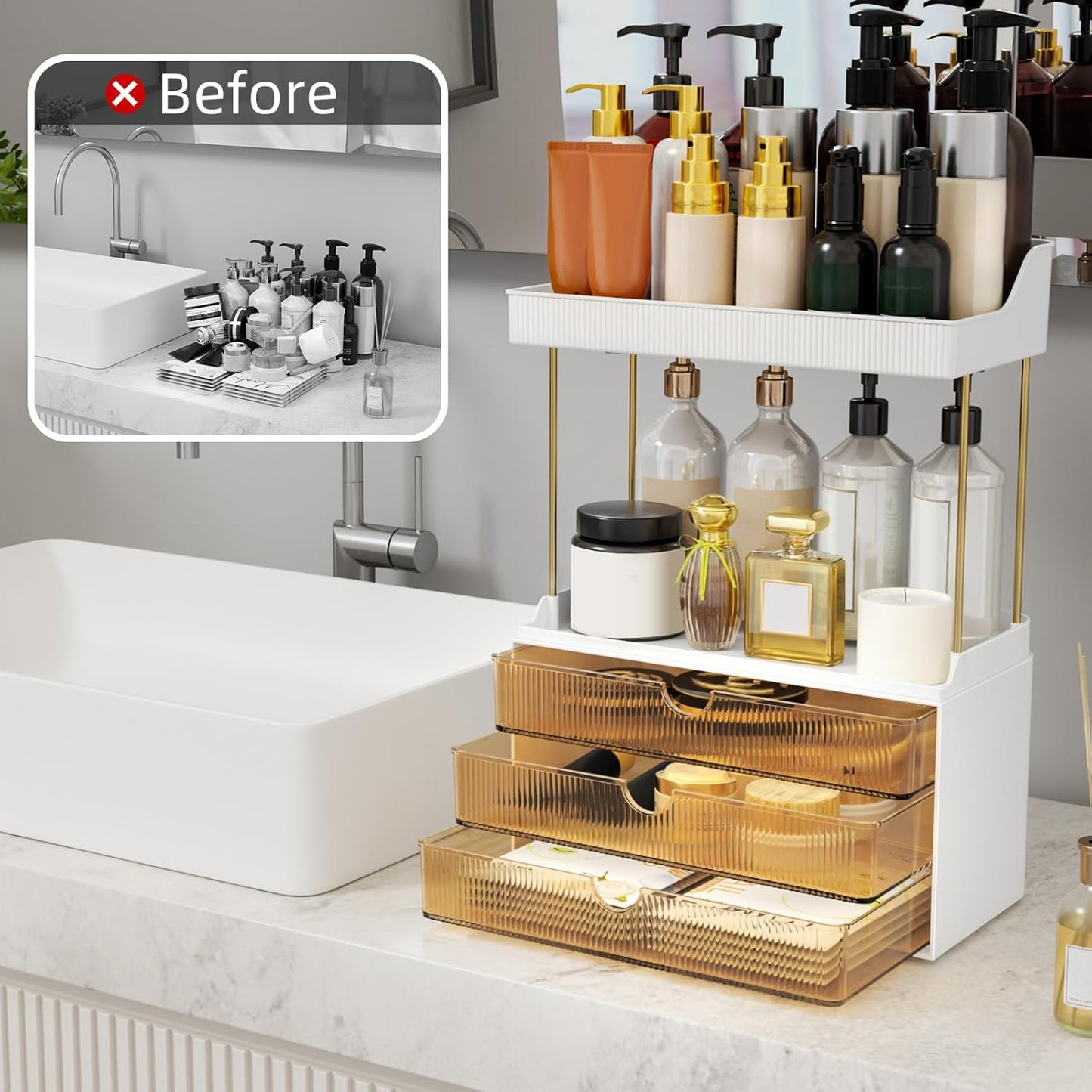 5 Tier 3 Drawers Makeup Organizer, 2 Set Bathroom Organizers and Storage,Cosmetic Storage Drawer for Dresser Countertop and Bathroom Vanity for Large Skincare, Perfume, Amber