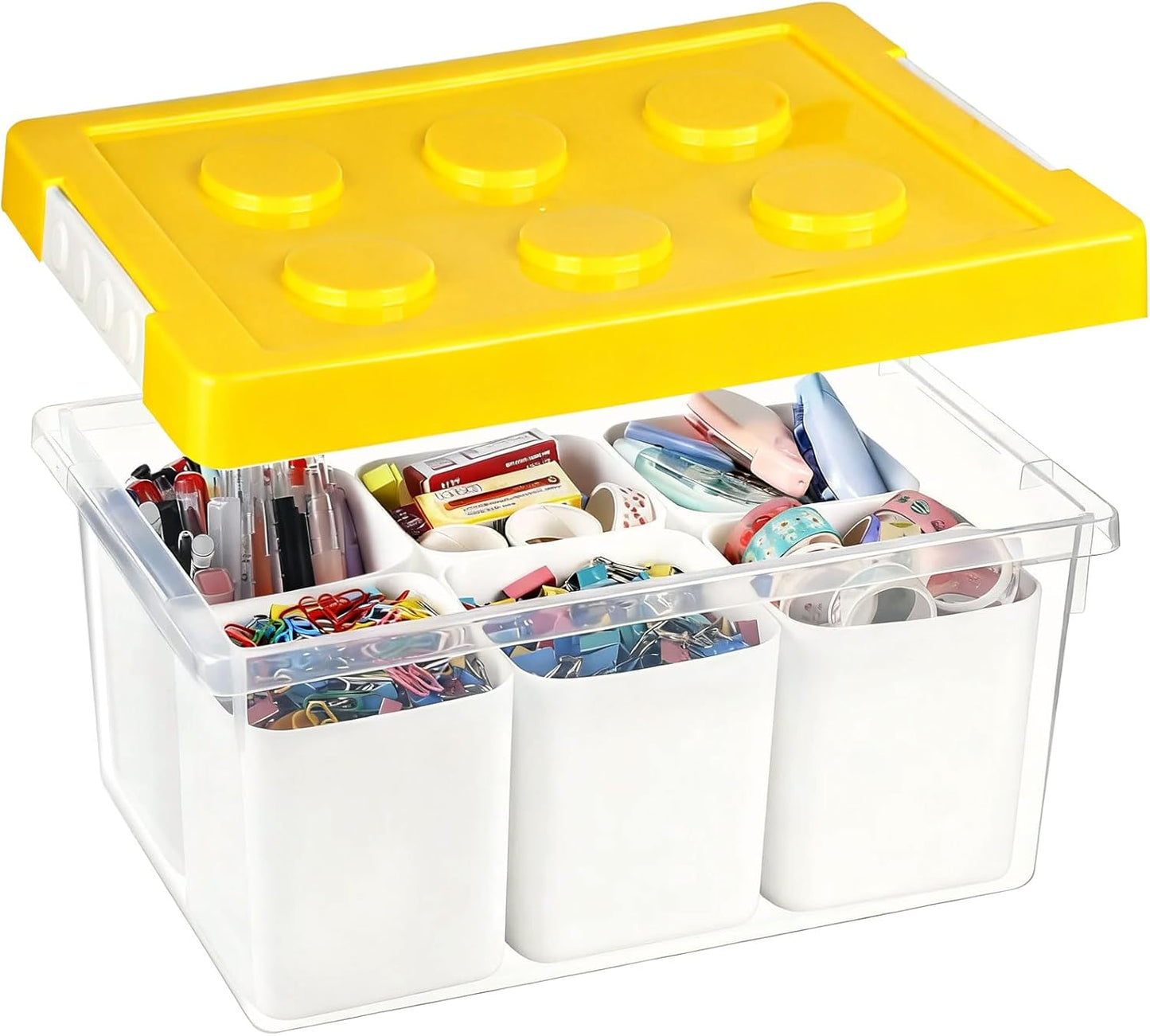 loobuu Plastic Storage Bins with Lids, Art Craft Supply Organizer Box with Brush Pot, Multipurpose Stackable Storage Containers for Organizing Tool, Craft, Crayon,Sewing(Yellow)