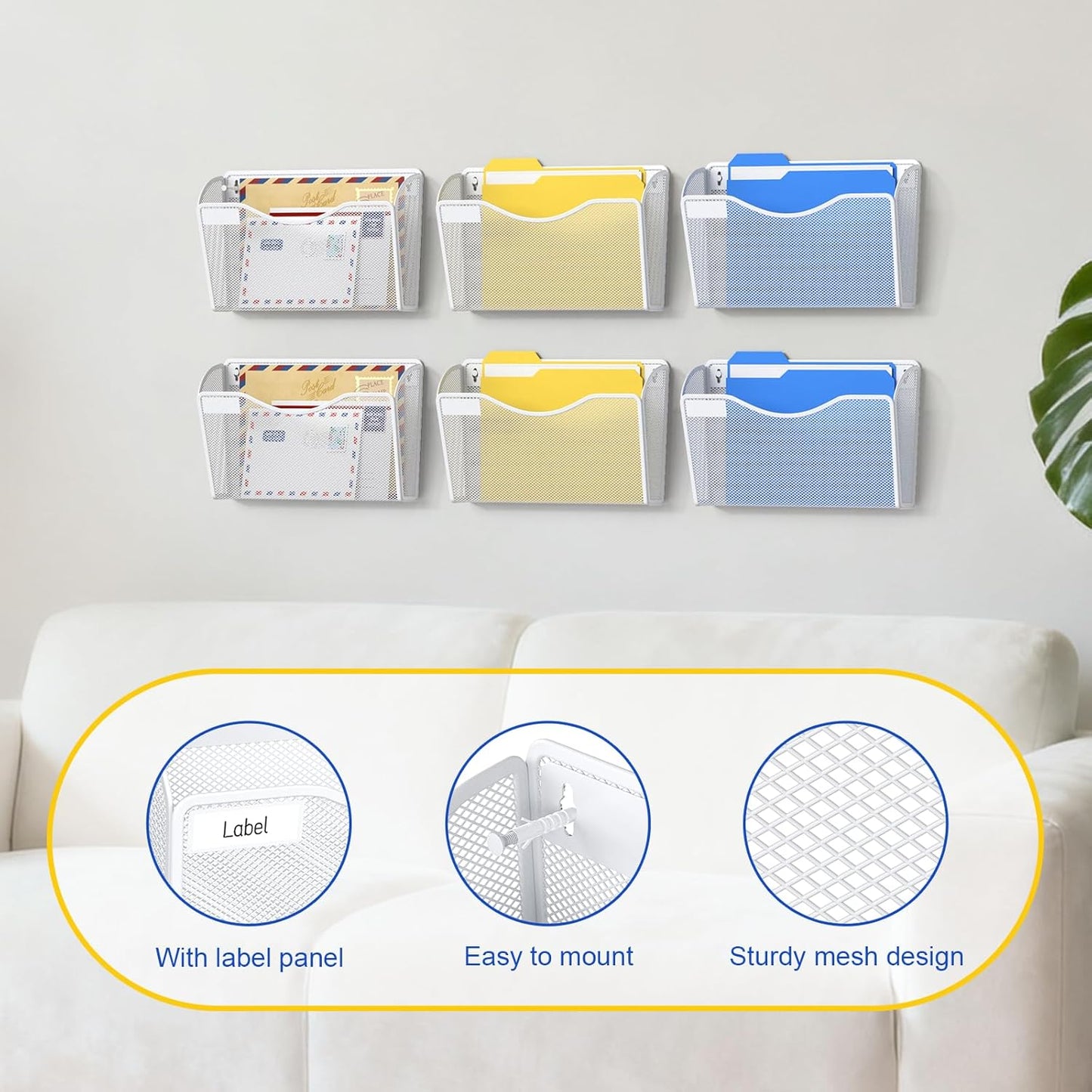 Samstar 6 Pack Mesh Wall Mounted File Holder Metal Wall File Pocket Mail Organizer for Office/Home(with Label Panel), White